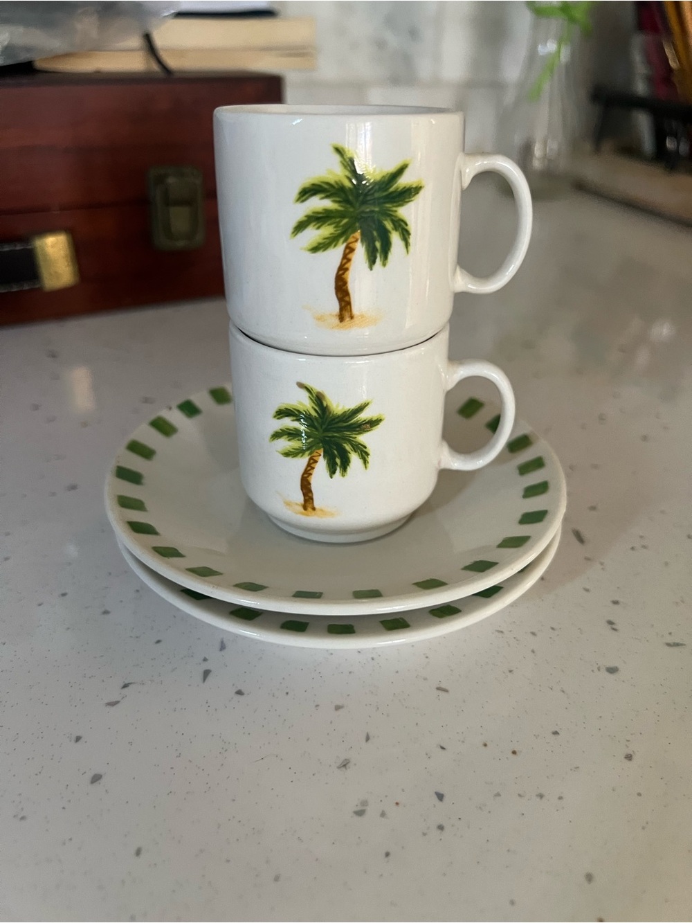 White Palm Tree Espresso Cup Set with Green Accents
